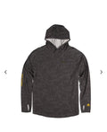 Charcoal gray Long Sleeve Bamboo Hoodie with chest pocket, light hood lining, thumbholes, and yellow sleeve graphics