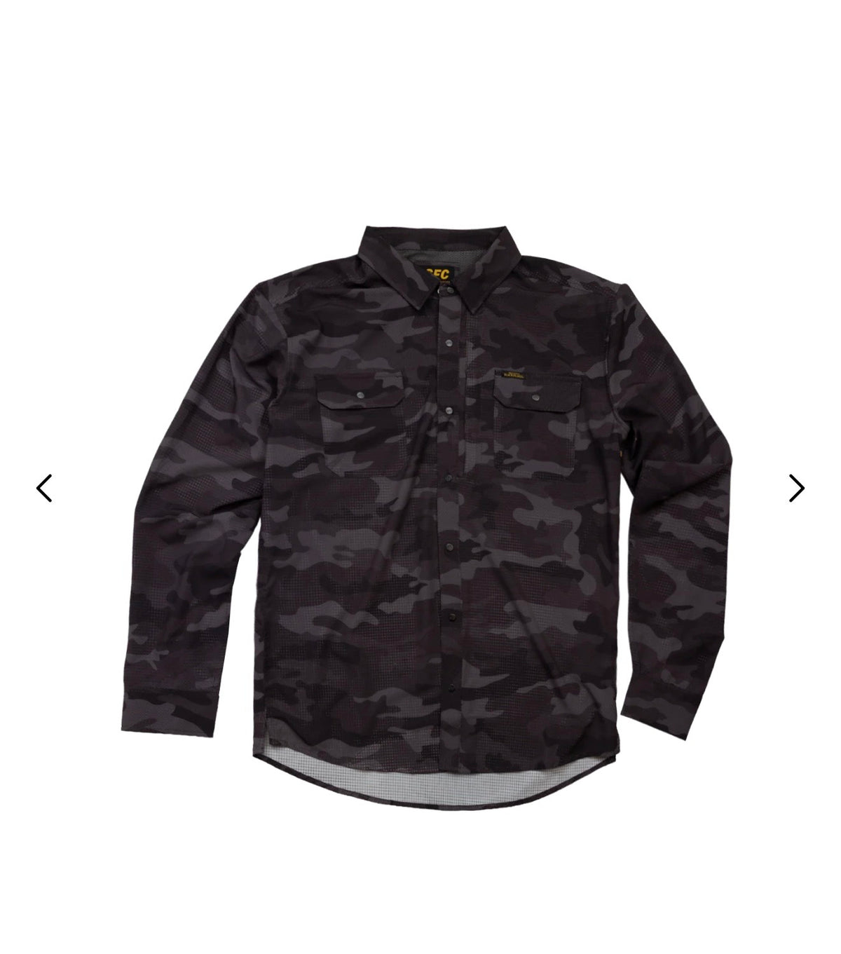 Front of dark camouflage Long Sleeve Airflow Buttondown Fishing Shirt with collar and two flap chest pockets