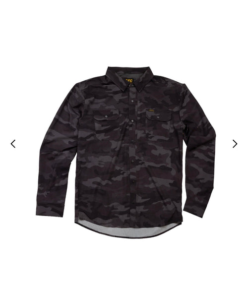 Front of dark camouflage Long Sleeve Airflow Buttondown Fishing Shirt with collar and two flap chest pockets