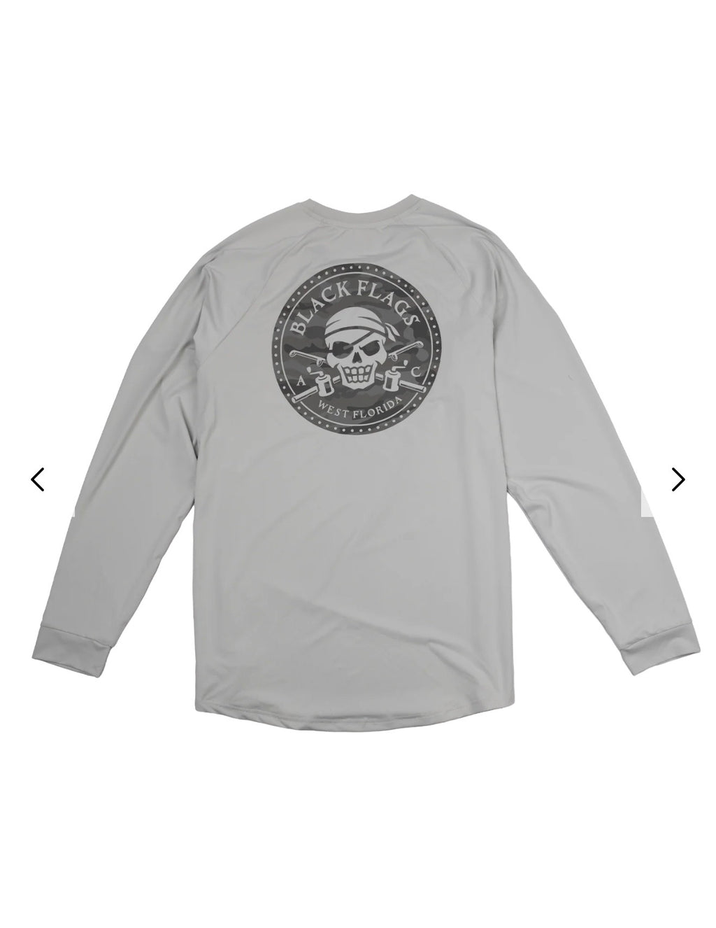 Back of light gray Long Sleeve Sun Crew Shirt with large Black Flags West Florida skull logo