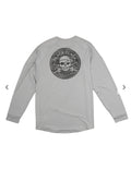 Back of light gray Long Sleeve Sun Crew Shirt with large Black Flags West Florida skull logo
