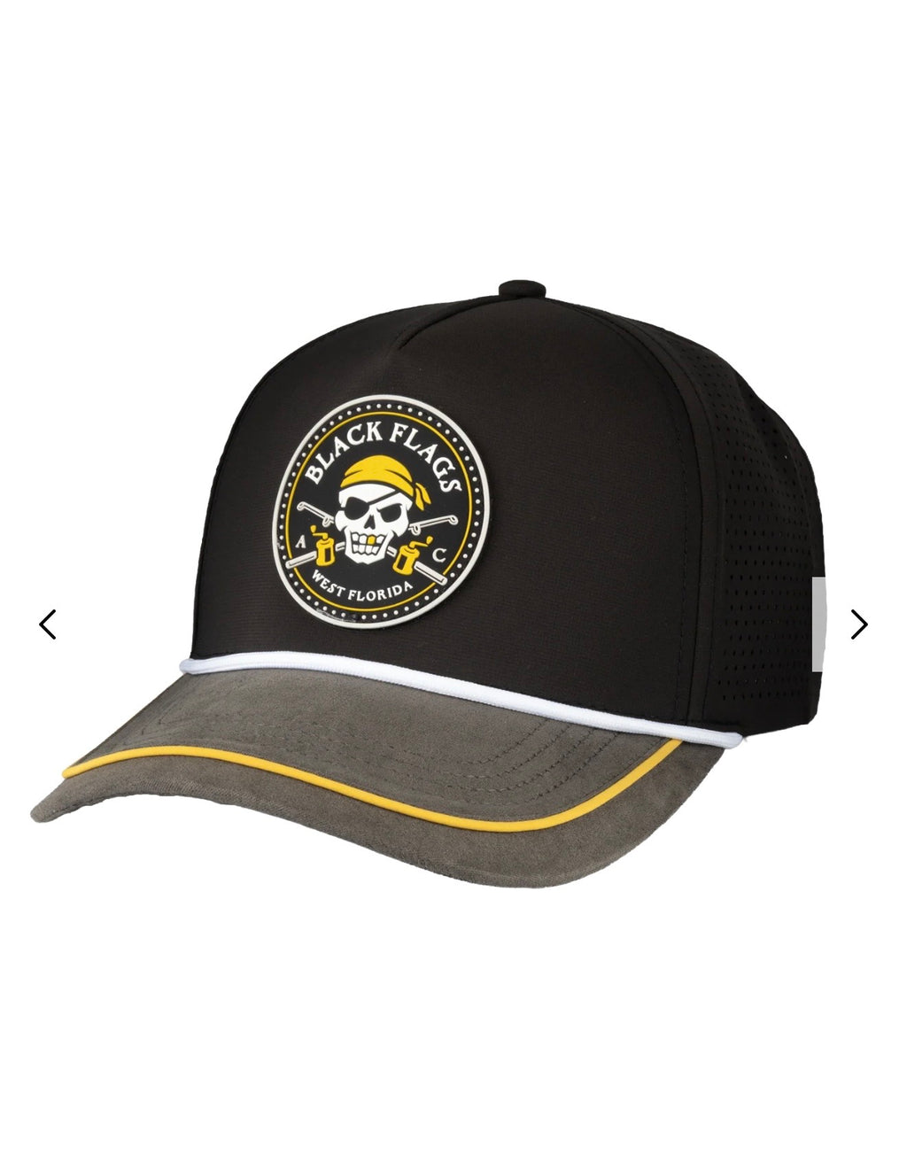 Structured Performance Cap with black crown, gray brim, yellow trim, white rope, and Black Flags West Florida emblem