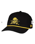 Black Crushable Performance Cap with yellow pirate skull emblem, yellow rope detail, curved brim, and SFC side lettering