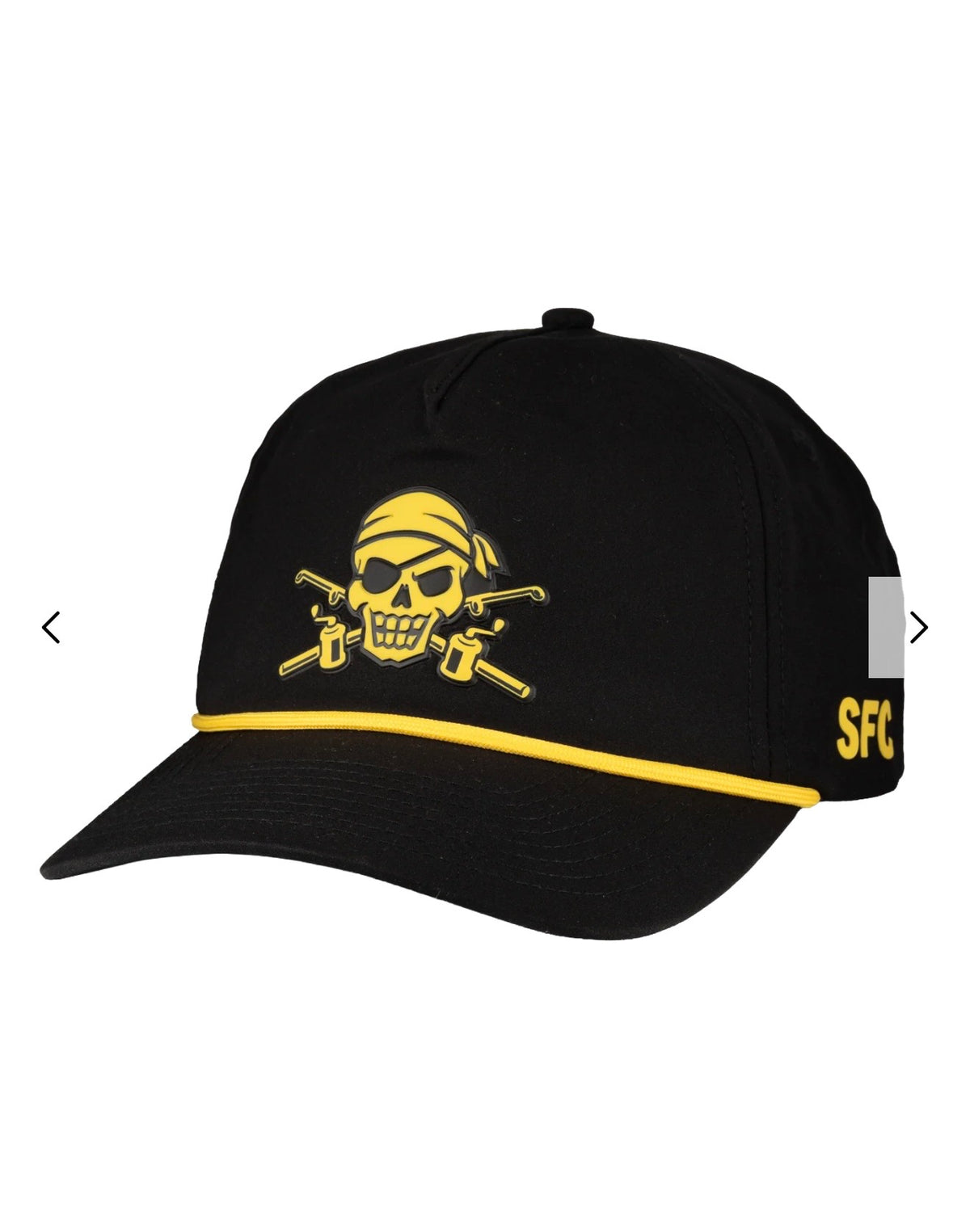 Black Crushable Performance Cap with yellow pirate skull emblem, yellow rope detail, curved brim, and SFC side lettering